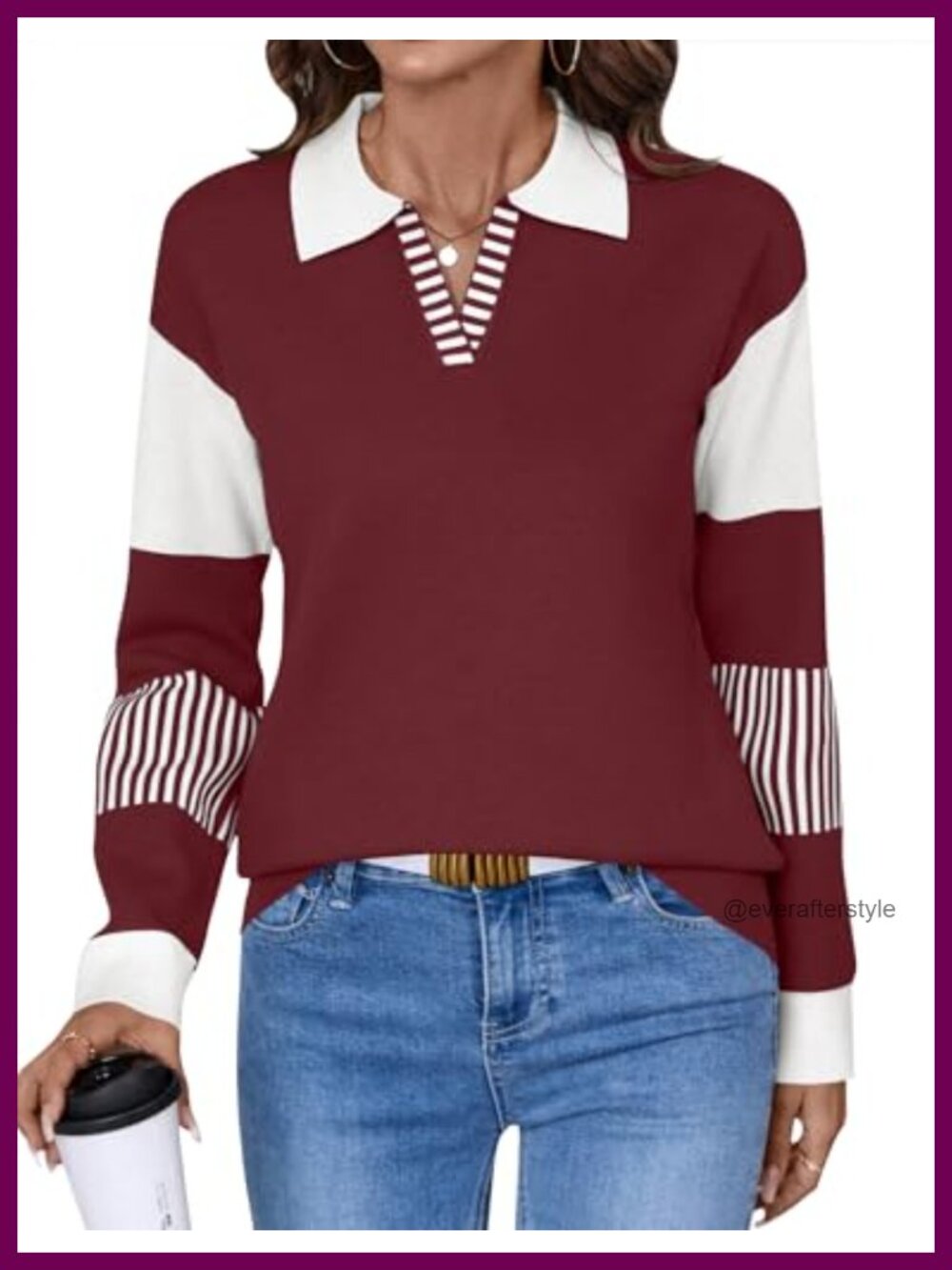V Neck Long Sleeve Color Block Striped Knitted Pullover Sweater